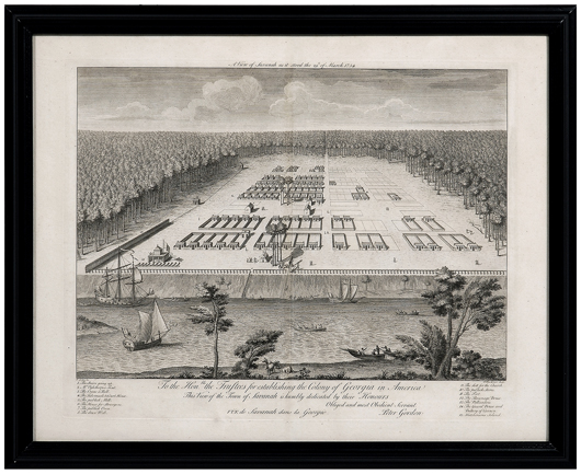 Surveyor Noble Jones is credited with the design of the plat for the new colony of Savannah. The 1734 engraving was produced by Peter Gordon Fourdrinier. One of only 11 known copies, this 21-1/8" X 26-3/8" rare and important engraving is estimated at $50,000/$70,000.