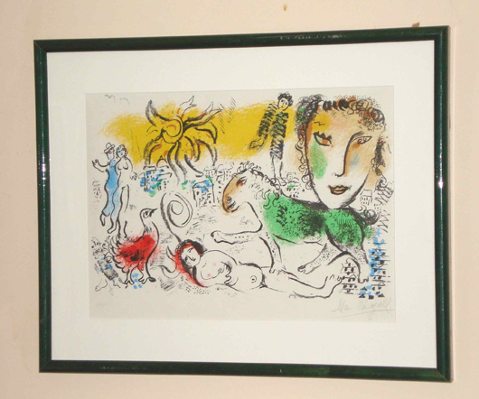 Marc Chagall signed this six-color lithograph in pencil at the lower right. It is numbered ‘43/60’ and has an $800-$3,000 estimate. Image courtesy Gordon S. Converse & Co.