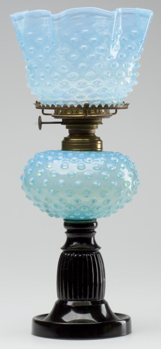 Blue opalescent Dewdrop/Hobnail lamp with opaque black base, 17 7/8