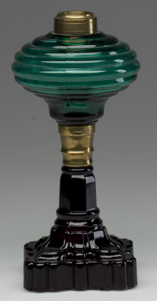 Blown-molded lamp with emerald green Beehive/Ring font and deep amethyst pointed arch base, 8