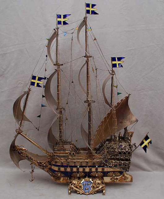 Expected to sail to a $5,000-$7,000 finish is this Swedish Wasa silver enamel and jeweled ship. Stamped ‘925,’ the model is 29 inches tall and weighs 180 ounces. Image courtesy of Bill Hood & Sons Art & Antique Auctions.