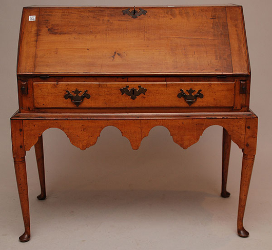 This period Queen Anne desk has a dovetailed case and fitted interior. It stands 36 inches high by 35 inches wide by 19 1/2 inches deep. The estimate is a modest $1,000-$2,000. Image courtesy of Bill Hood & Sons Art & Antique Auctions.