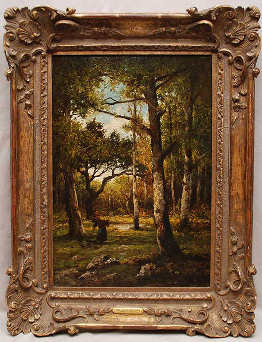 Henri Joseph Harpignies (French, 1819-1916) painted this 19 1/2- by 13 1/2-inch oil on board. A Gallerie Charpentier label is on verso. It carries a $12,000-$18,000 estimate. Image courtesy of Bill Hood & Sons Art & Antique Auctions.
