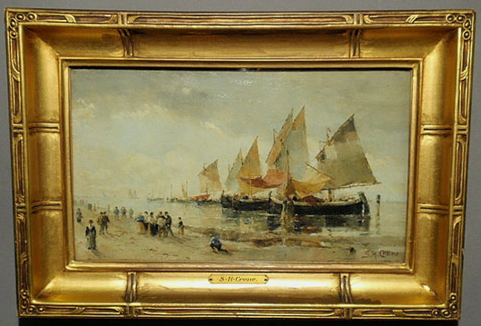 Lot 104 – Samuel Hester Crone (American, 1858-1913) painting of fishing boats, oil on canvas, sold to a relative of the artist for $7,000. Image courtesy Ted Wiederseim Associates Inc.