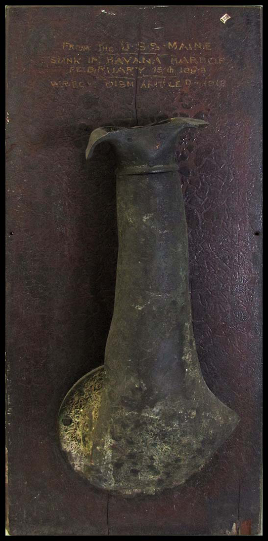 U.S. Battleship Maine bronze ship’s fitting relic removed from wreck, 1912, mounted. Image courtesy William J. Jenack  Auctioneers.