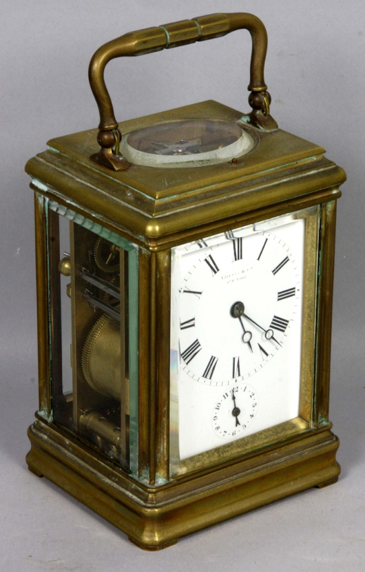 Tiffany & Co. brass carriage clock with French beveled glass. Inscribed "Presented by General Ulysses S. Grant to Julia D. Grant, June 1, 1881." Estimate $7,500-$12,500. Image courtesy Kaminski Auctions.