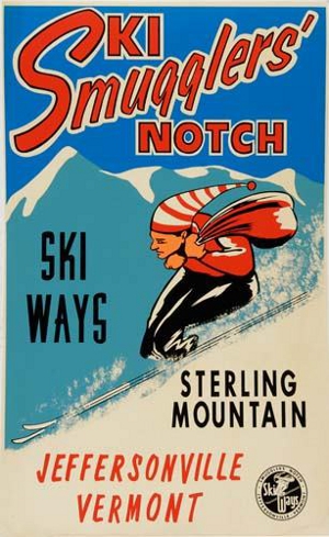 Vintage poster publicizing Smugglers' Notch ski area in Vermont, offered in Swann Galleries' Feb. 3, 2005 auction. Image courtesy LiveAuctioneers.com Archive and Swann Galleries.