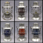Group of O&W Railroad lanterns, including several with rare colored and etched globes. Image courtesy William J. Jenack Auctioneers.