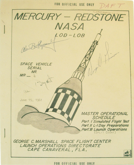 Pioneer astronauts Virgil ‘Gus’ Grissom and Alan Shepard autographed this NASA checklist. Image courtesy Aurora.