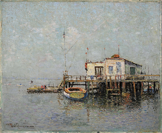 Paul Sawyier (Kentucky, 1865-1917) painted ‘Fishing Club, Jamaica Bay, New York City’ circa 1915. The 14- by 17-inch oil on board is in a period giltwood frame. The signed work has a $30,000-$50,000 estimate. Image courtesy Neal Auction Co.
