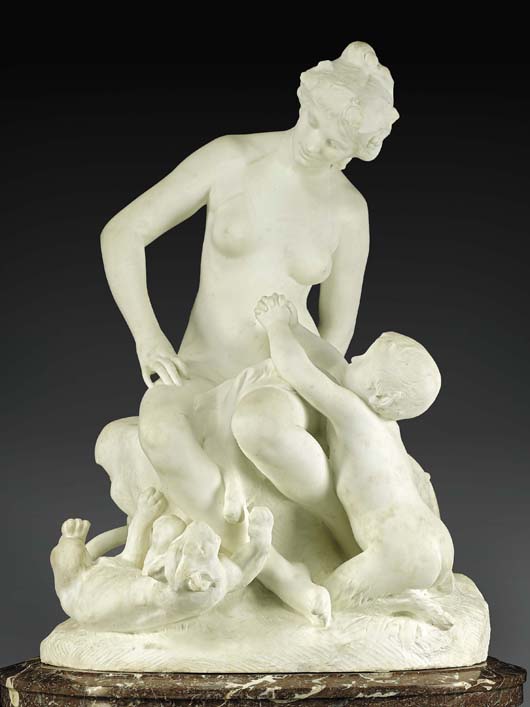 At a height of 54 inches, 91 inches high with the pedestal, ‘A Bacchante Toying with the Young Pan’ by Mercié is a rare and important work. The life-size group carved in white marble has a $50,000-$75,000 estimate. Image courtesy Neal Auction Co.