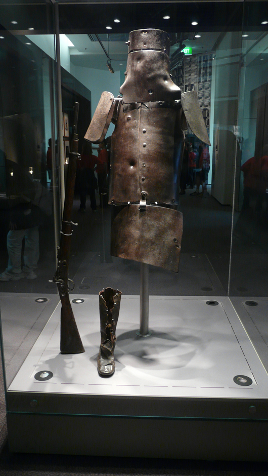 Ned Kelly's suit of armor, displayed at the State Library of Victoria in Melbourne, Australia. Photo by Chensiyuan, permission to pubish granted through GNU Free Documentation License.