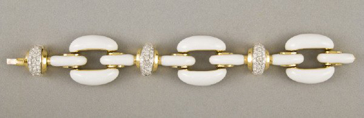 A David Webb design, this 18K gold, diamond and enamel bracelet having 75 round, brilliant-cut diamonds totaling 3.00 carats has a $15,000-$25,000 estimate. Image courtesy Dallas Auction Gallery.