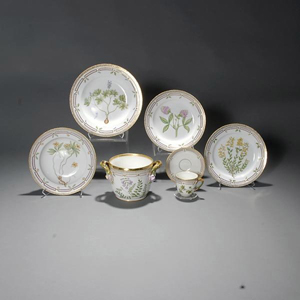 The 75 pieces of Royal Copenhagen Flora Danica porcelain dinnerware offered in Michaan’s auction April 3 are in excellent condition. With 12 dinner plates the set is estimated at $50,000-$70,000. Image courtesy Michaan’s Auctions.