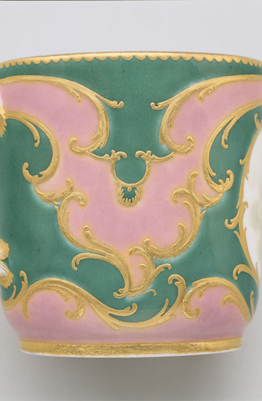 On display in the ‘Sevres Then and Now’ exhibition, this covered cup and saucer from a tea service displays a combination of green and pink grounds fashionable when it was made in 1759-1760. Courtesy Hillwood Estate, Museum & Gardens.