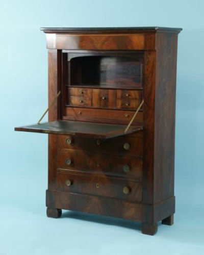 The auctioneers expect this antique French Empire mahogany fall-front secretary, circa 1820, to sell for $3,000-$4,000. Image courtesy Lewis & Maese Auction Co.