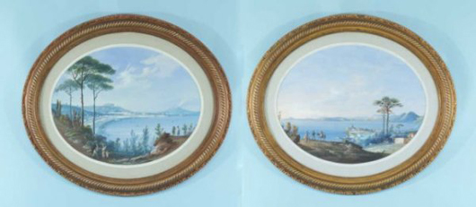 A pair of gilt framed oval gouache on paper views of the Bay of Naples carries a $7,000-$9,000 estimate. Image courtesy Lewis & Maese Auction Co.