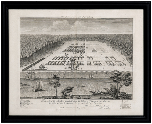 Surveyor Noble Jones is credited with the design of the plat for the new colony of Savannah. The 1734 engraving was produced by Peter Gordon Fourdrinier. One of only 12 known copies, this 21 1/8 inch by 26 3/8 inch rare and important engraving sold to a phone bidder for $70,800.