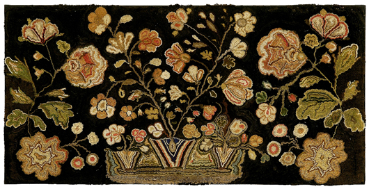Traditional bias-shirred rugs from the 18th century included flowers on a black background. This 33 inch by 66 inch example adheres nicely to that standard. It was featured in a December 1997 article in The Magazine Antiques on the furnishings of Tom Gray’s home. Seth Thayer of Northport, Maine, bought it for $44,840 (est. $5,000-$10,000), an amount that is believed to be an auction record.