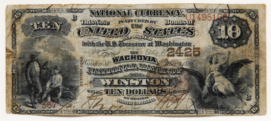 The cashier whose signature appears of this 1899 $10 bank note from Wachovia National Bank is James Gray, Tom Gray’s grandfather. The note, together with a blank check from The Wachovia National Bank, sold to a floor bidder for $28,320, a long way from its $250-$500 estimate.