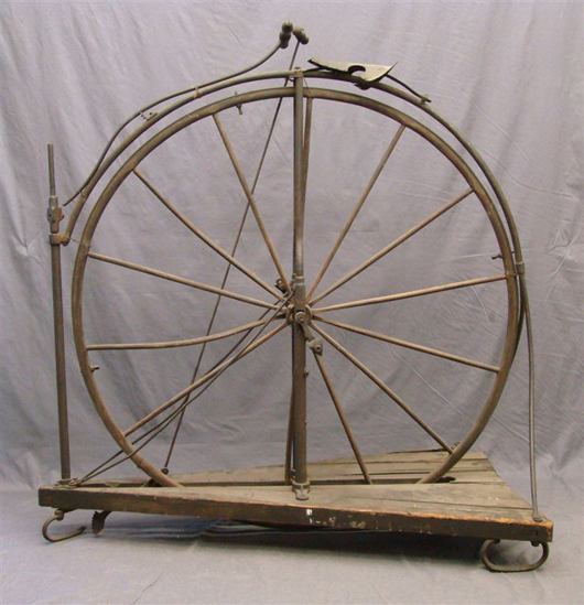 This rare and possibly unique type of bicycle was built for traversing ice. Deacessioned from a private museum, the ice velocipede carries a $2,000-$3,000 estimate. Image courtesy Copake Auction Inc.