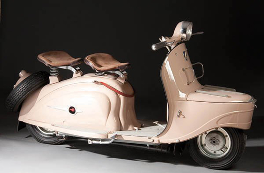 Restored from the ground up, this 1959 Peugeot Model S57 motor scooter has a $1,500-$2,500 estimate. It’s powered by a123cc engine and has a three-speed transmission. The odometer reads 2,746 miles. Image courtesy Jackson’s International Auctioneers & Appraisers.