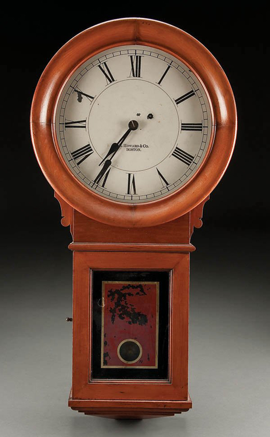 Topping the list of clocks at Jackson’s auction is this E. Howard & Co. No. 70 Wall Regulator in a cherry wood case. In nice original condition, the 31-inch-tall clock has a $2,000-$3,000 estimate. Image courtesy Jackson’s International Auctioneers & Appraisers.