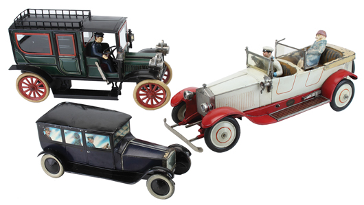 A selection of European cars including: Carette Limousine, est. $4,000-$5,000; JEP Rolls-Royce, est. $2,500-$3,000; Crawford’s Rolls-Royce limousine biscuit tin, est. $4,000-$6,000. Noel Barrett Auctions image.