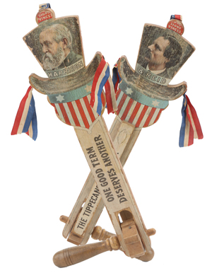 Very scarce Benjamin Harrison campaign rattler, lithographed paper on wood with original cloth ribbons. Features colorful portraits of Benjamin Harrison and Whitelaw Reid, the 1892 Republican candidates for President and Vice President. Made by J. A. Crandall, a famous American toy manufacturer of that period. Estimate $2,000-$3,000. Noel Barrett Auctions image.