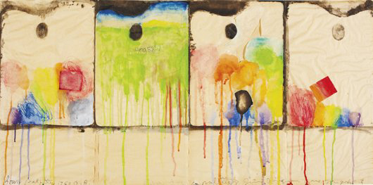 Titled and dated ‘four palettes 1963 Oct.’ on the lower left and signed and titled again ‘Jim Dine New York City four palettes’ lower right, the watercolor and tissue paper collage hit $50,000 inclusive of premium. It carried a $15,000-$20,000 estimate. Image courtesy Phillips de Pury & Co.