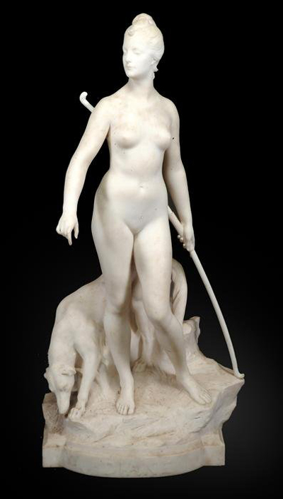 ‘Diana the Huntress’ is portrayed in sculpted white Carrara marble of late 19th century by French artist Paul Jean-Baptiste Gasq (1860 - 1944). The 46-inch-high sculpture has a $23,000-$30,700 estimate. Image courtesy Dreweatts.