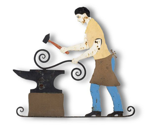 A sheet iron trade sign depicts a blacksmith working a decorative piece of iron on an anvil. The sign measures 37 inches wide by 35 inches high. Image courtesy Cowan’s Auctions and LiveAuctioneers archives.