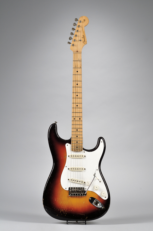 American electric guitar, Fender Electric Instruments, Fullerton,1958, Model Stratocaster, estimate: $12,000-16,000. Image courtesy of Skinner Inc.