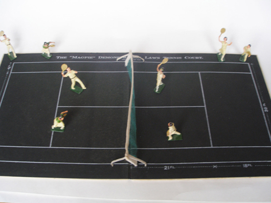 John Jaques & Son Magpie Demons Lawn Tennis set with players, instructor, net, felt 'court' and original printed instructions (not shown). Old Toy Soldier Auctions image.