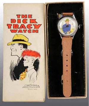 New Haven Watch Co. made this comic character wristwatch circa 1951, about six years before Dick Locher began assisting Dick Tracy creator Chester Gould with the artwork. Image courtesy of Morphy Auctions and LiveAuctioneers archive.