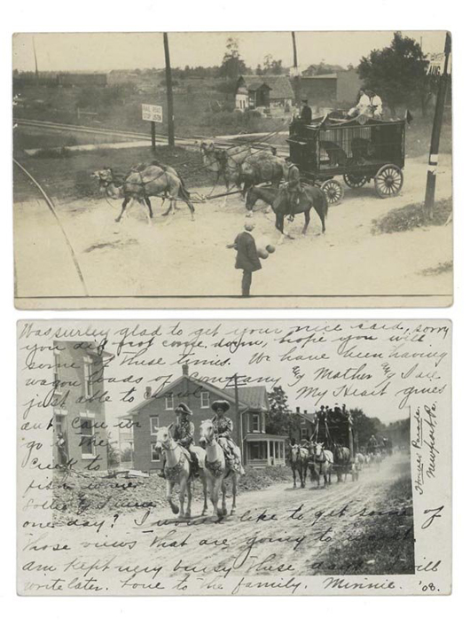 Real photo postcards have generated much interest in the Jeffrey S. Evans and Associates auction. This lot of two cards shows a circus parade rolling through a town in advance of their performance. The two-card lot is estimated at $50-$100. Image courtesy of Jeffrey S. Evans & Associates.