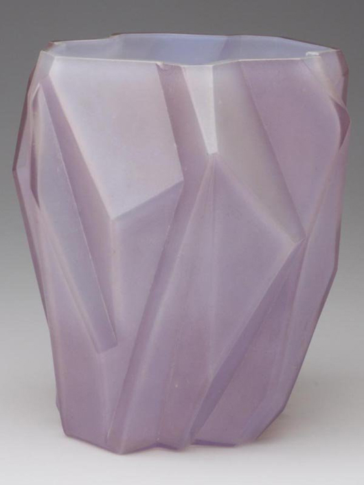 Consolidated Glass Co. produced this Ruba Rombic vase in cased Lilac glass in 1928-1933. One of the original patented articles of the Reuben Haley design, the 9 1/8-inch-high vase carries a $300-500 estimate. Image courtesy of Jeffrey S. Evans & Associates.