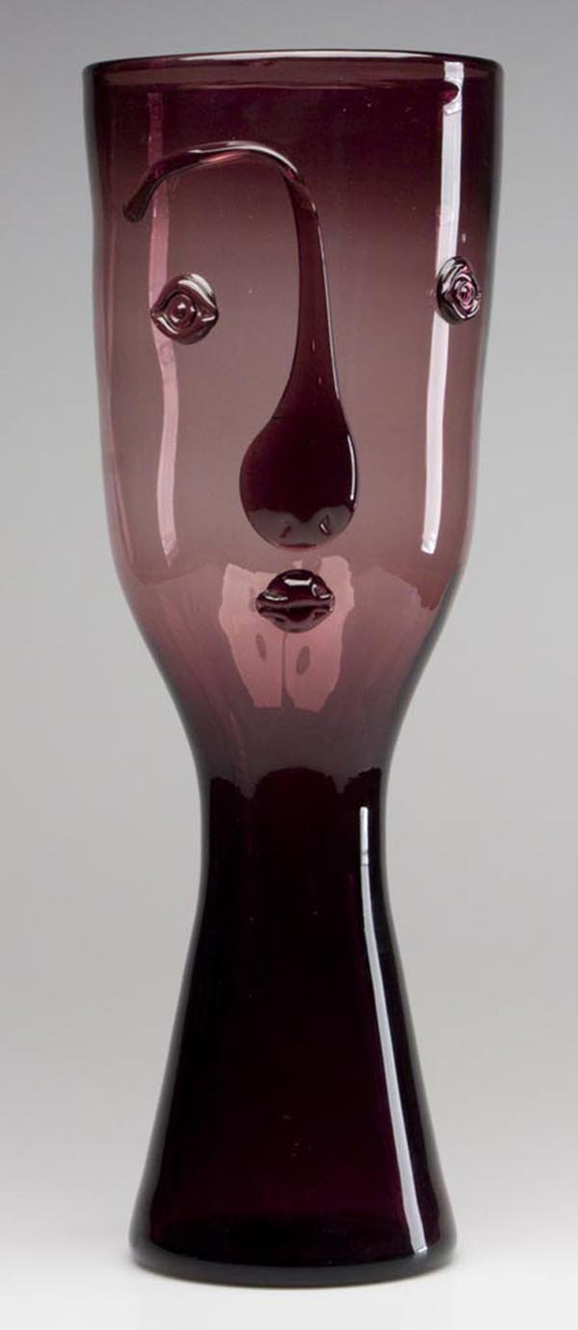 Blenko Glass has gotten a boost from the popularity of Mid-Century Modern designs. This 20 3/4-inch-tall piece is a Wayne Husten design no.552 Portrait Vase. It has a $100-$200 estimate. Image courtesy of Jeffrey S. Evans & Associates.