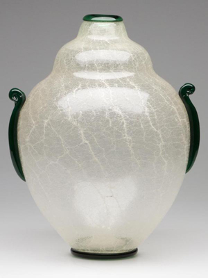 This Primavera-style art glass vase is attributed to Barovier e Toso and designed by Ercole Barovier. With faint cracks around one handle, this circa 1929 piece is estimated at $800-$1,200. It stands 12 1/2 inches high. Image courtesy of Jeffrey S. Evans & Associates.