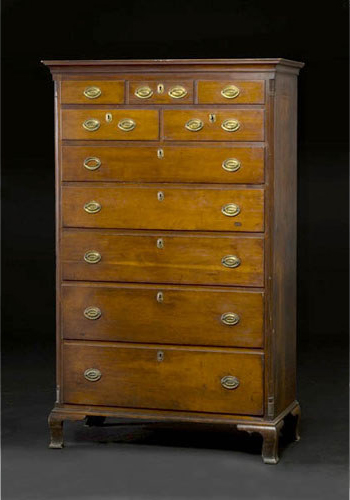 Oil-based preparations are not recommended to maintain the rich old finish on this Pennsylvania cherry Chippendale tall chest. Image courtesy of Cowan’s Auctions and LiveAuctioneers Archive.