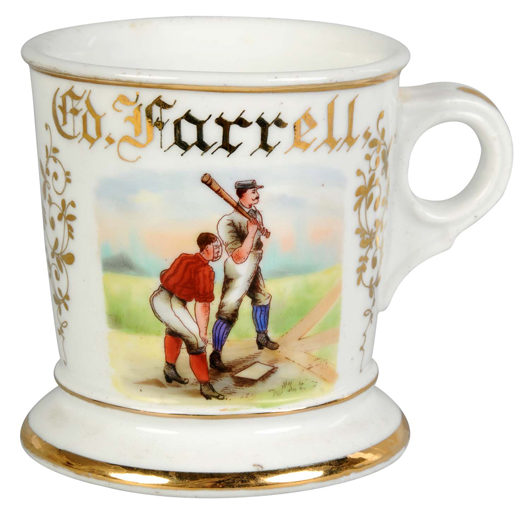 Early 20th-century occupational shaving mug originally belonging to professional baseball player Ed Farrell. $3,000-$5,000. Dan Morphy Auctions image.