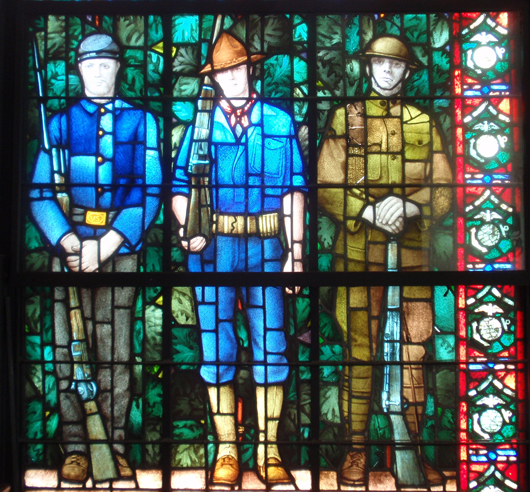 A close-up of the lower right corner of the window shows the fine detail of the soldiers’ faces. Image courtesy of Glass Heritage, llc. 
