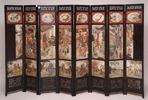Four dozen separate scenes are painted on marble on this 19th-century Chinese eight-panel screen. The wooden frame is 54 inches high by 84 inches long. It has a $5,000-$10,000 estimate. Image courtesy of Bill Hood & Sons Art &Antiques Auctions.