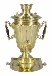 This attractive and useful 18-inch brass Russian samovar has a matching tray and bowl. It sold at Leslie Hindman Auctioneers in Chicago for $166.