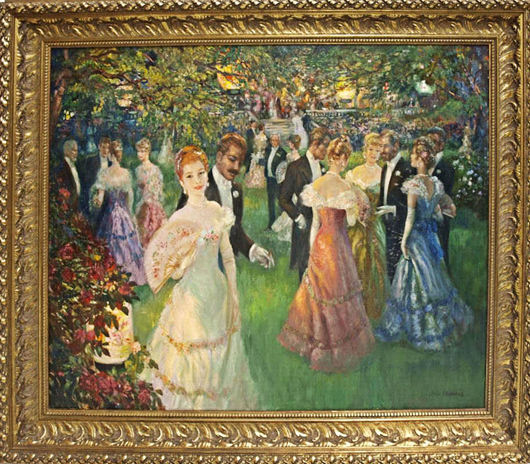 Evening Party, one of 11 artworks by John Strevens (British, 1902-1990) sold by Austin Auction Gallery on April 18. Signed and titled, measuring 40 inches by 50 inches (sight), it hammered $5,463. Austin Auction image.