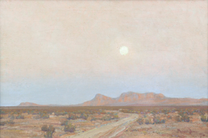 "Moonrise over the Mojave" by Maynard Dixon (Californian, 1875-1946) exemplifies his mastery of the expanse and drama of the Southwest landscape (Estimate: $150,000 to $250,000).