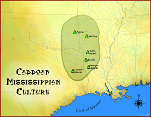 Map showing geographic extent of Caddoan Mississipian culture of prehistoric southeastern North America. Author: Heironymous Rowe. Permission to reproduce obtained through Creative Commons Attribution Ahare-Alike 3.0 Unported License.