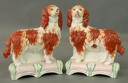 Best in show – these dogs represent nearly a dozen pairs of Staffordshire spaniels that are in the auction.  These are 9 1/2 inches high by 8 inches wide. Image courtesy of Wiederseim Associates Inc.