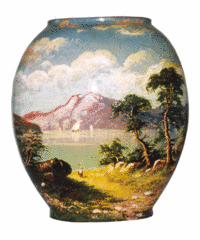 This red clay vase is marked ‘Matt Morgan Pottery’ and '1884.' The landscaped decoration on the 7-inch vase was hand-painted.