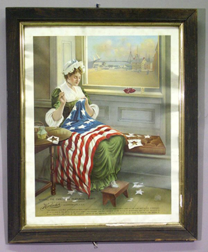 An advertising print depicts Betsy Ross stitching together the Stars and Stripes. Image courtesy of Morphy Auctions.